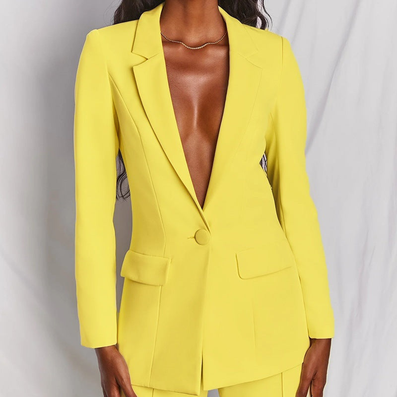 Damen nan eleganter Longline-Blazer mit tiefem V-Ausschnitt und weitem Palazzo-Hosenanzug EB