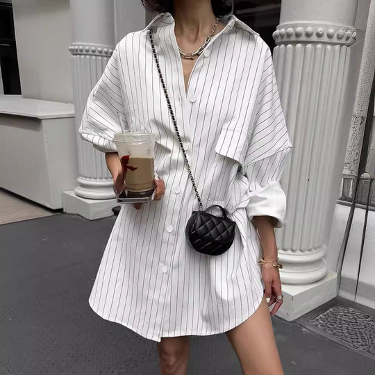 Damen Hemdblusenkleid mit sportlichem Streifenmuster und bequemen Kurzärmeln EB