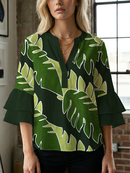 Damen Bluse mit voluminösen Rüschenärmeln und floralem Druck EB