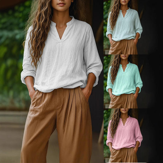 Damen Casual Tunika-Bluse in Leinenoptik mit kleinem Stehkragen und V‑Schlitz EB