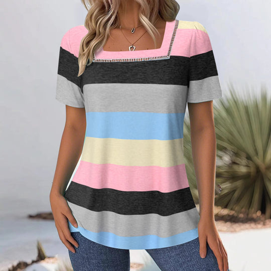 Damen T-Shirt mit modernem Streifenmuster und dekorativem Rundhalsausschnitt Heidi-Mode