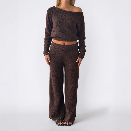 Damen nan kuscheliges Bouclé-Lounge-Set mit One-Shoulder-Crop-Pullover und Highwaist Palazzo-Hose EB
