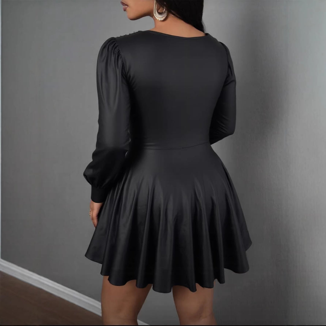 Damen elegantes Minikleid mit tiefem V-Ausschnitt und voluminösen Puffärmeln EB
