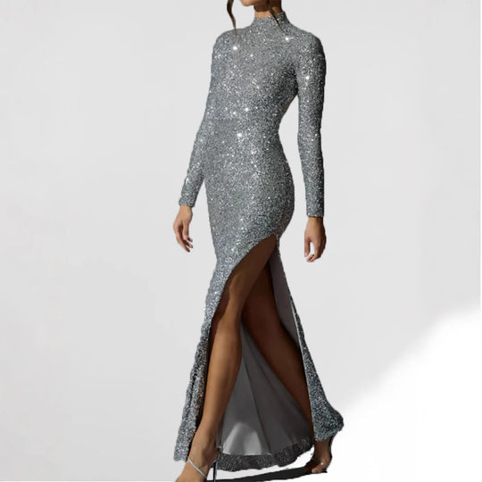Damen Glamouröses Abendkleid mit langem Arm und schimmerndem Schlitz EB