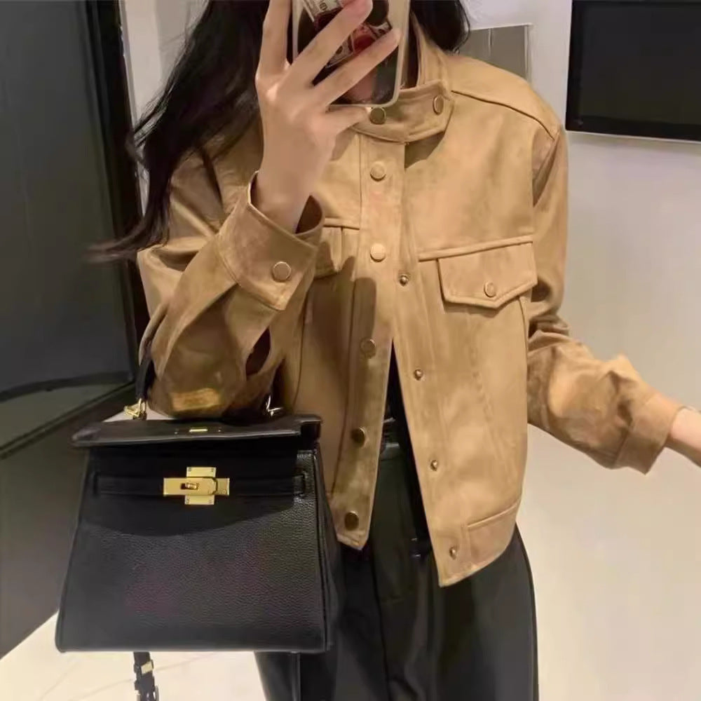 Damen Modische Kurzjacke im Stilmix mit Taschen und Knopfdetails EB