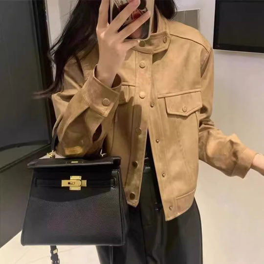 Damen Modische Kurzjacke im Stilmix mit Taschen und Knopfdetails EB