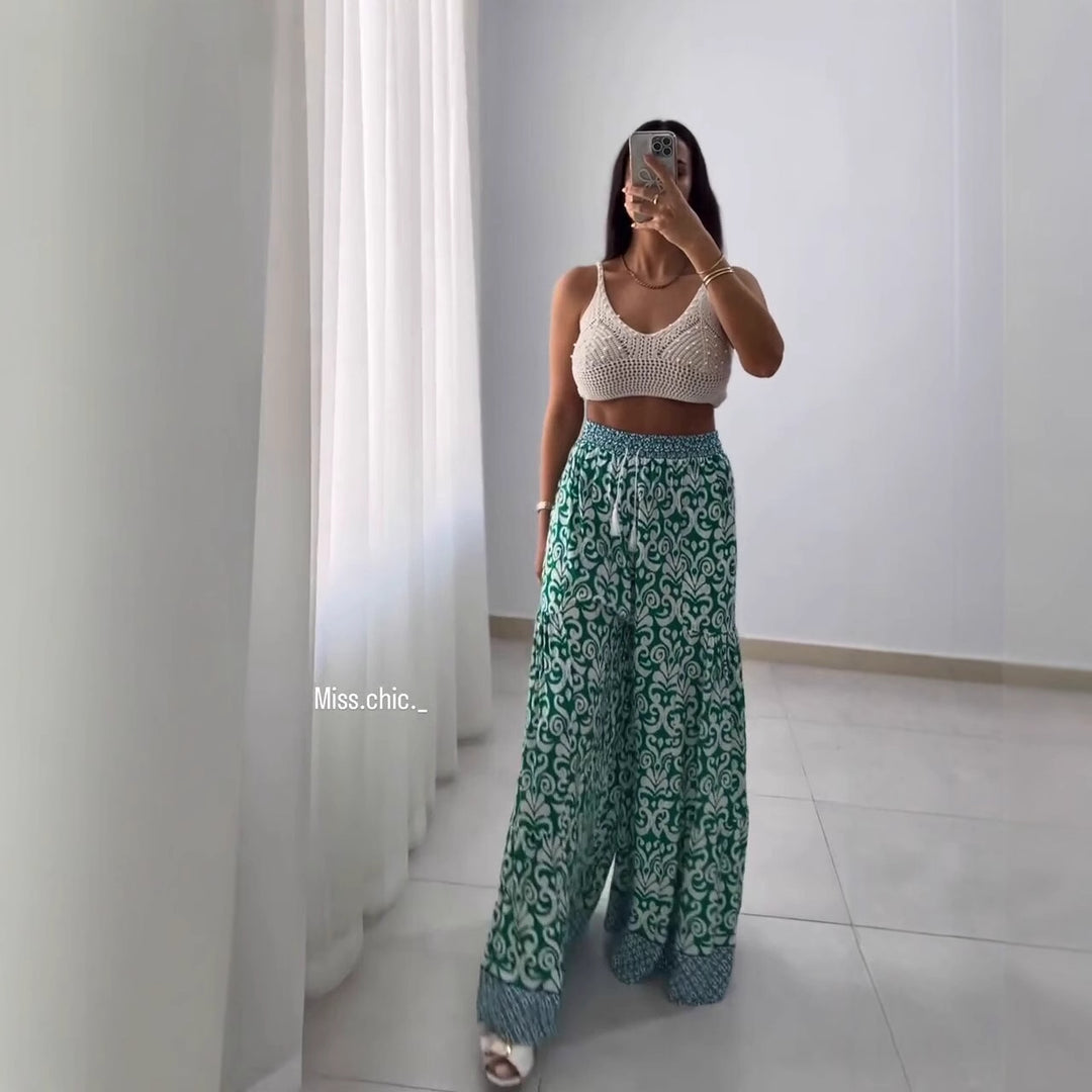 Damen weite Baumwollhose mit eingezogenem Gummibund und modernen Mustern EB