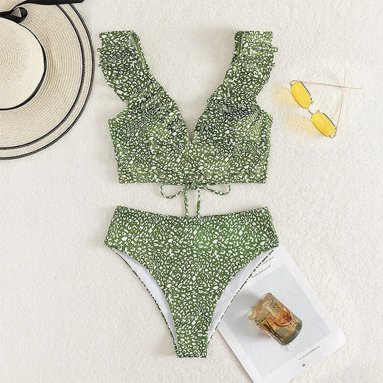 Damen Hoch taillierter Bikini mit voluminösen Rüschen EB