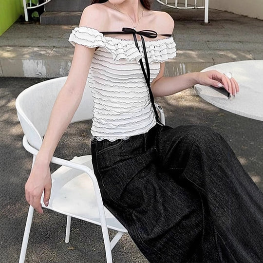 Damen Offshoulder-Bluse mit elegantem Wellenmuster EB