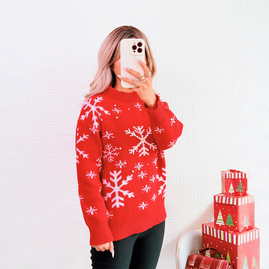 Damen Weihnachts-Pullover mit festlichem Schneemuster und hohem Kragen EB