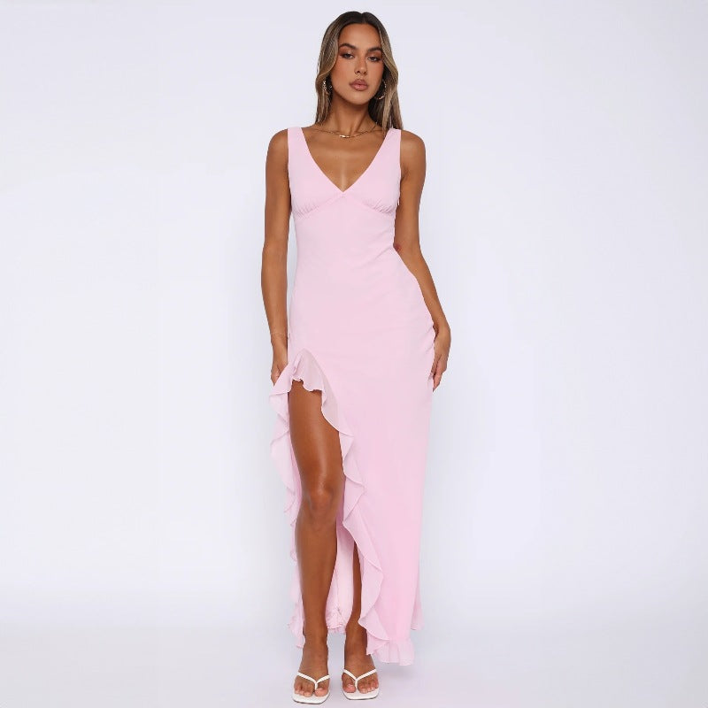 Damen Maxikleid mit tiefem Schlitz und eleganten Rüschendetails EB