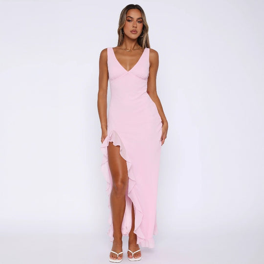 Damen Maxikleid mit tiefem Schlitz und eleganten Rüschendetails EB