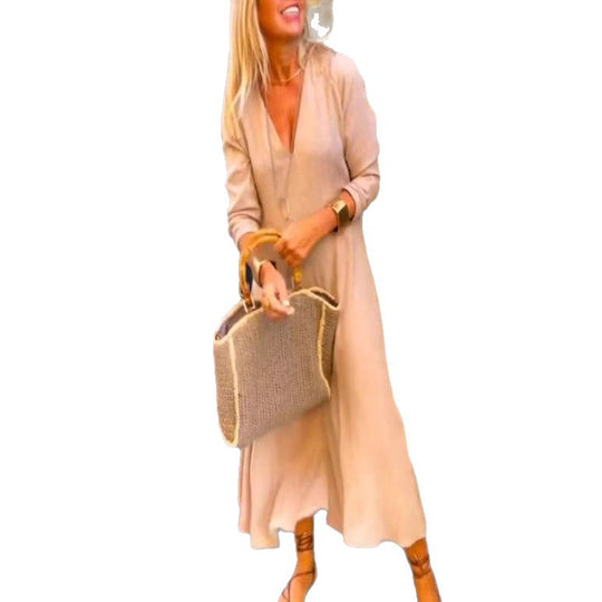 Damen nan bodenlanges V-Ausschnitt Kaftan-Maxikleid aus Leinenmix mit lockerer A-Linie und verdeckten Seitentaschen EB