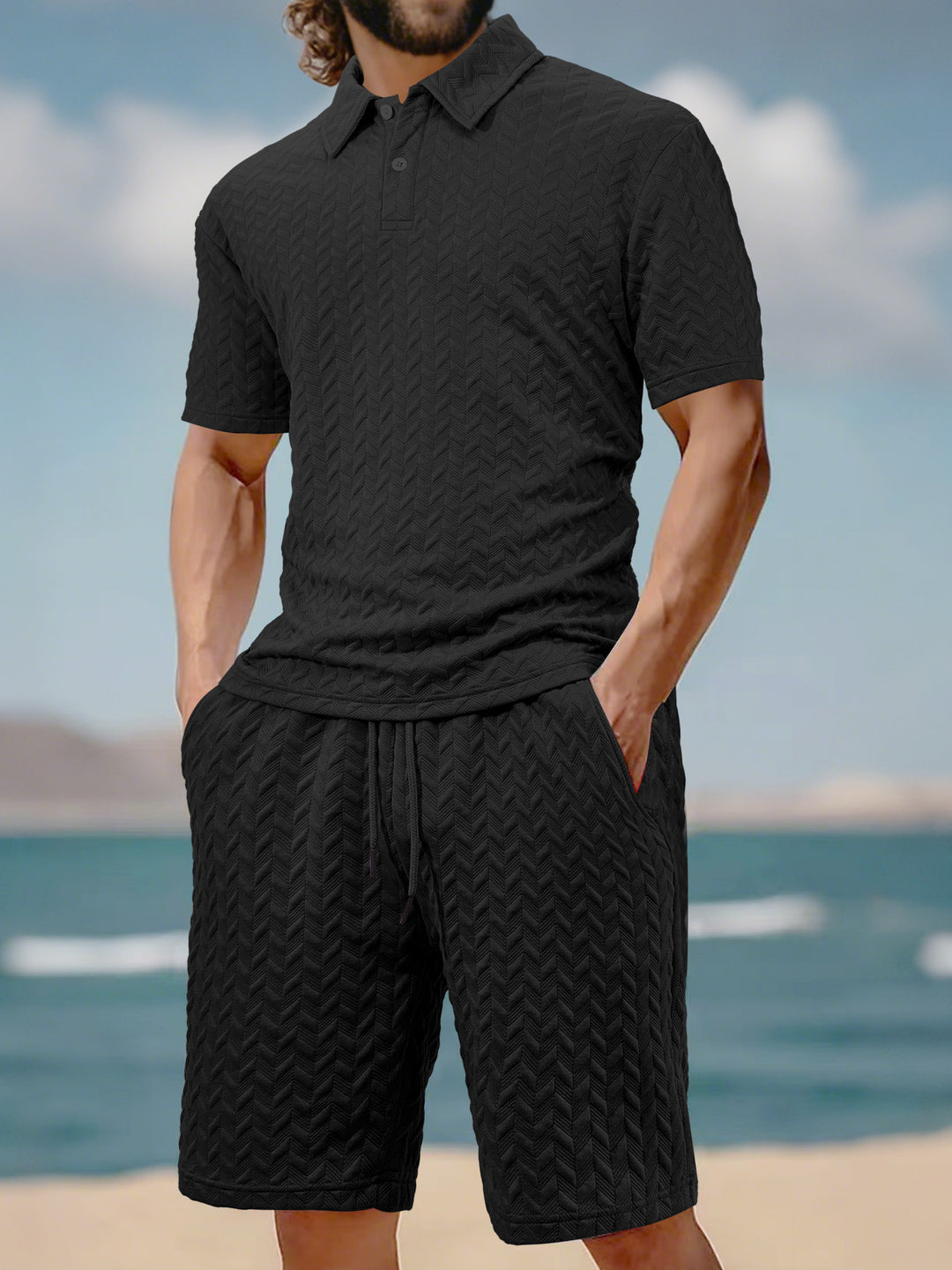Herren nan geprägtes Strand-Ensemble mit offenem Kurzarm-Hemd und Kordel-Bermuda EB