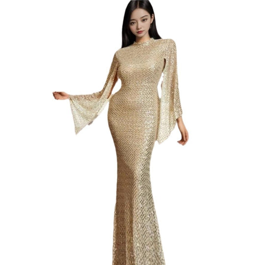 Damen Glamouröses Pailletten-Abendkleid mit schwingenden Ärmeln EB