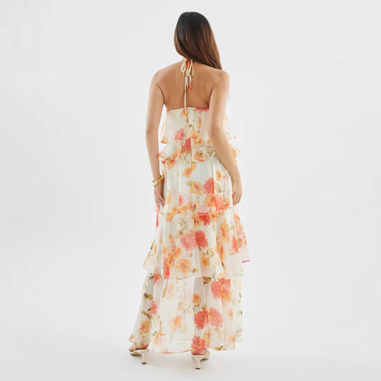 Damen Maxikleid mit schwingenden Volants und modernen Punkten EB