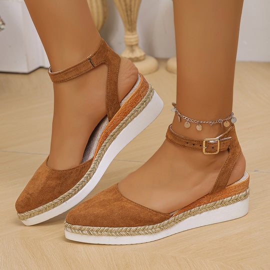Damen nan geschlossene Velours-Espadrille mit Keilplattform, verstellbarem Knöchelriemen und geflochtenem Bastrand EB