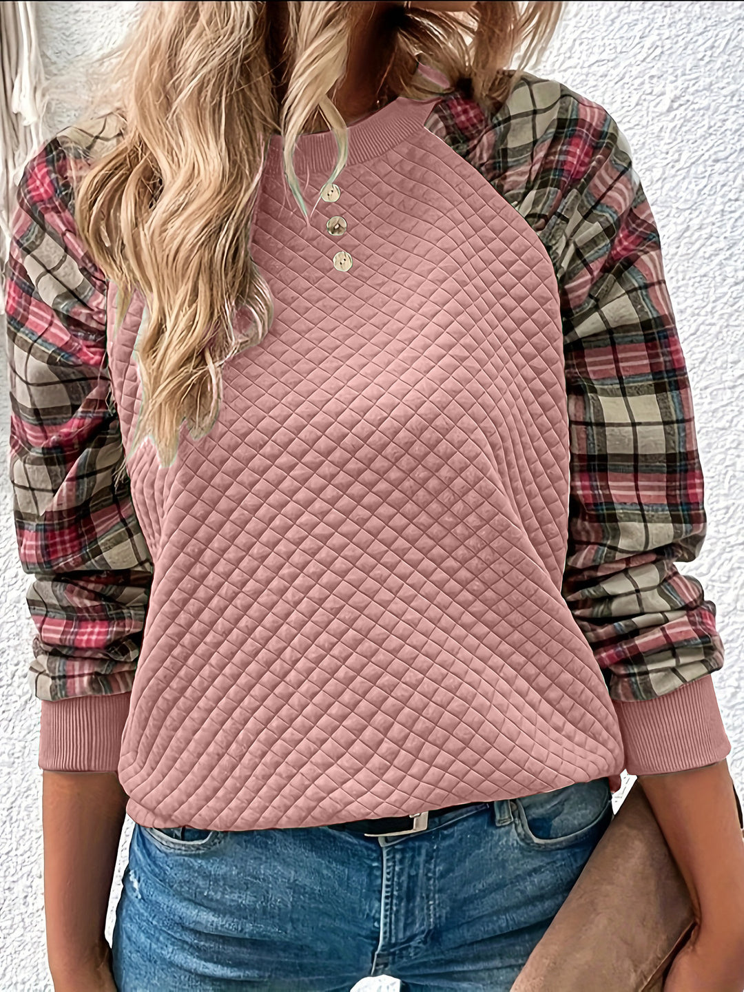 Damen Lässiger Sweatshirt mit gestepptem Design und karierten Ärmeln EB