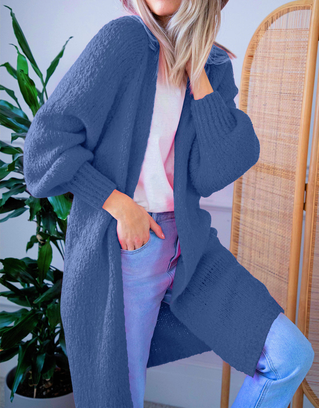 Damen Oversized Strickmantel mit lässigem V-Ausschnitt und luftiger Maschenstruktur EB