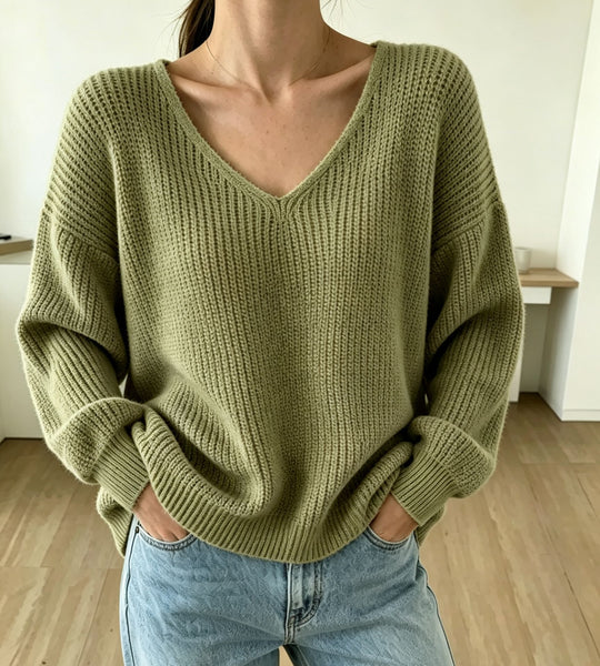 Damen Lässiger Boxy-Grobstrickpullover mit V-Ausschnitt und gerippten Bündchen EB