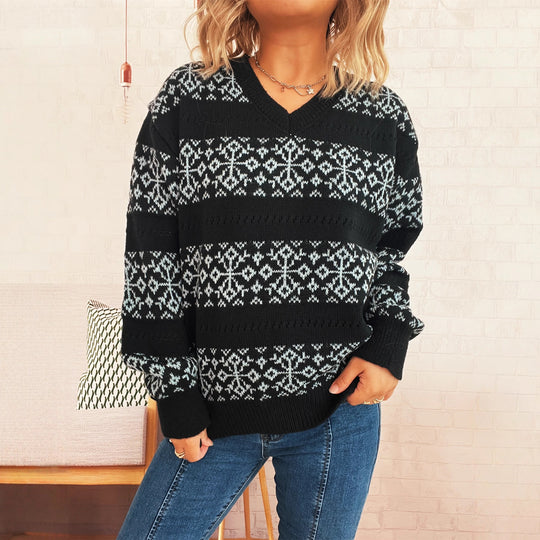 Damen Strickpullover im nordischen Muster mit tiefem V-Ausschnitt EB