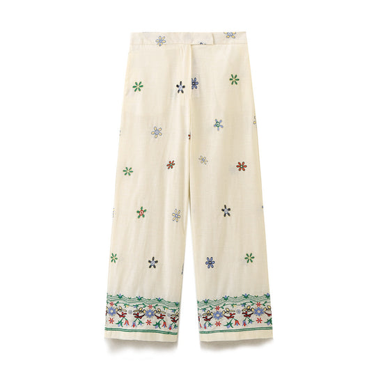 Damen Elegante und lässige weite Stoffhose mit floralem Stickdesign EB