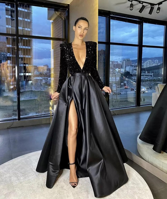 Damen Glamouröses Abendkleid mit tiefem V-Ausschnitt und hochgeschnittenem Rock EB