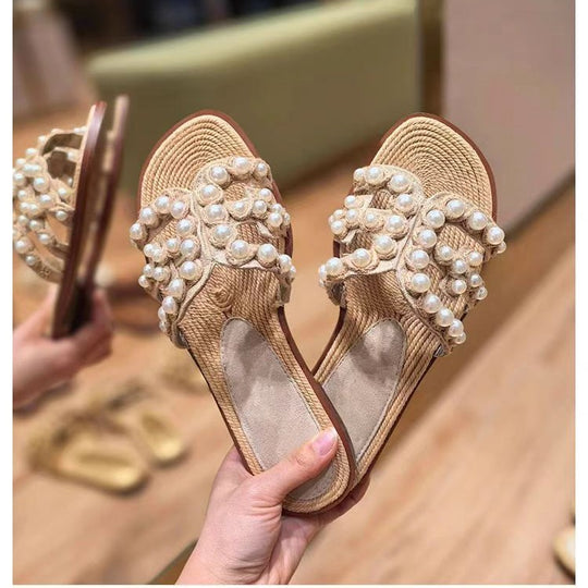 Damen modische Sandalen mit perlverzierten Riemen EB