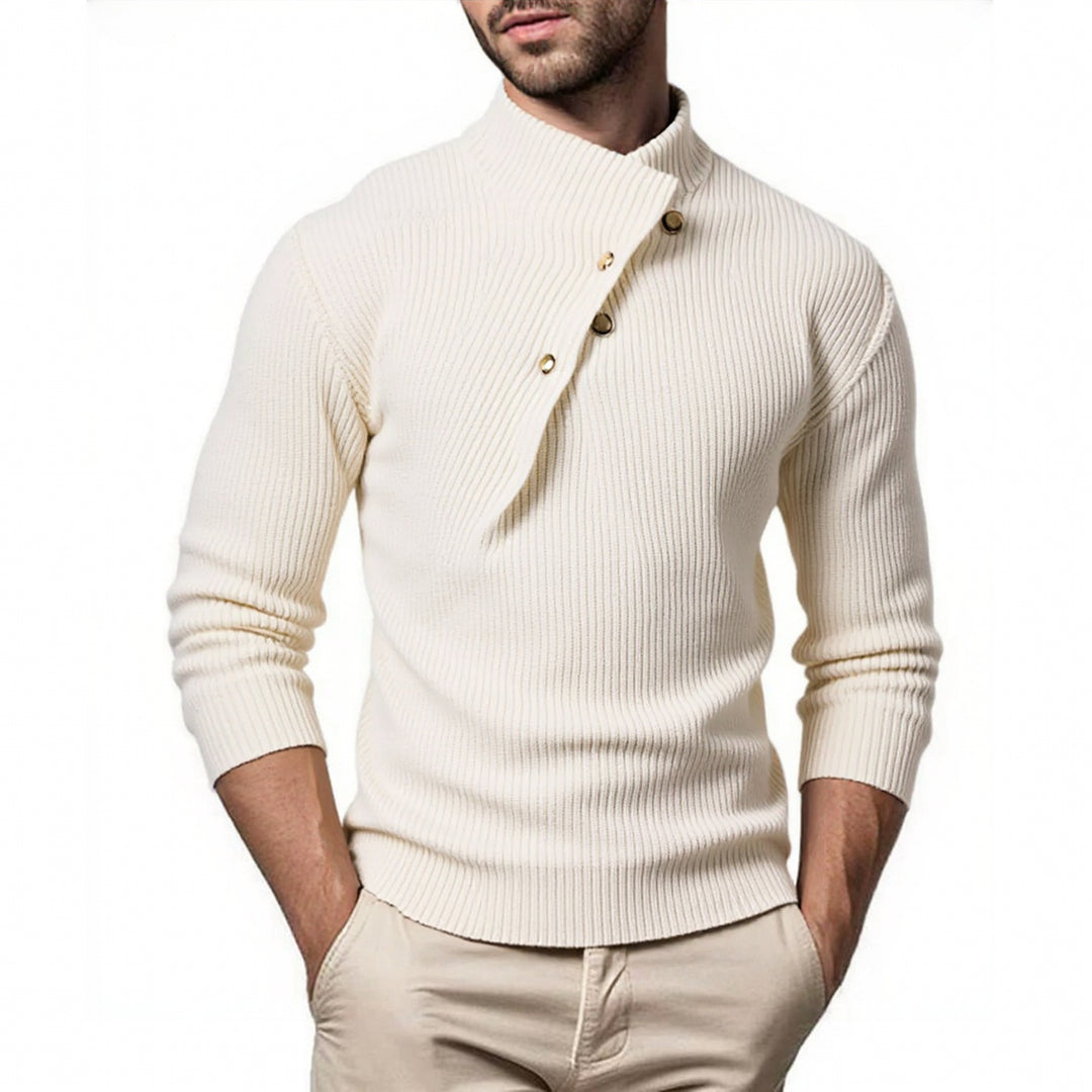 Herren modischer Strickpullover mit Stehkragen und asymmetrischer Knopfleiste EB