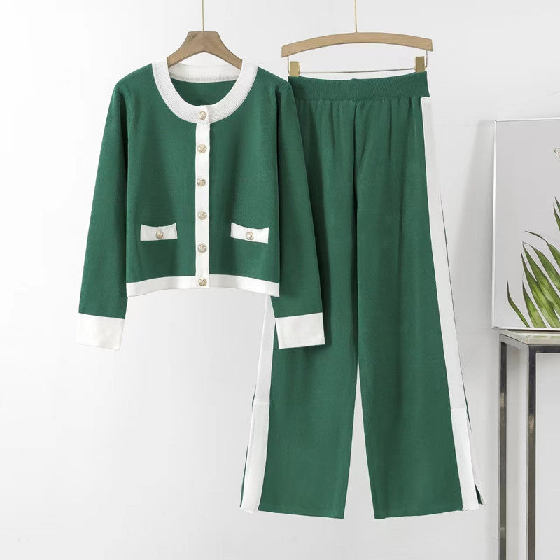 Damen Strick-Loungewear-Set mit dekorativen Knöpfen und seitlichem Schlitz EB