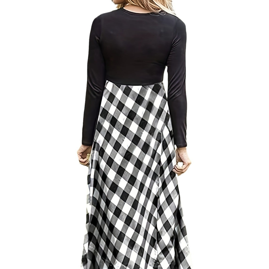 Damen Maxikleid mit modernem Karomuster und langen Ärmeln EB
