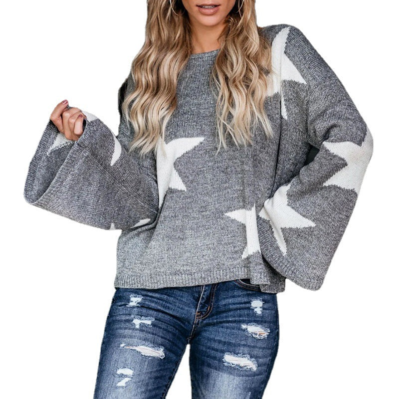 Damen modischer Pullover mit weit ausladenden Ärmeln und Sternenmotiv EB