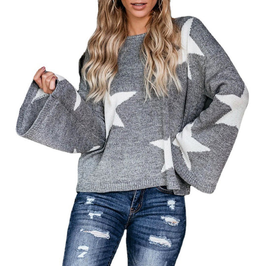 Damen modischer Pullover mit weit ausladenden Ärmeln und Sternenmotiv EB