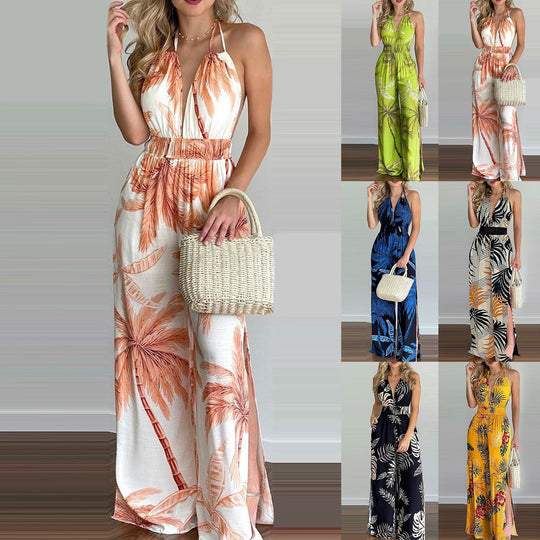 Damen eleganter Jumpsuit mit Spaghettiträgern und hohen Seitenschlitzen EB