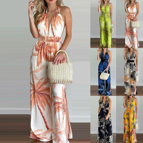 Damen eleganter Jumpsuit mit Spaghettiträgern und hohen Seitenschlitzen EB