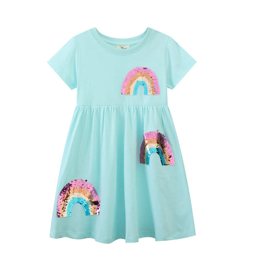 Mädchen Kurzarm-T-Shirt Kleid mit buntem Glitzer-Regenbogen Design EB
