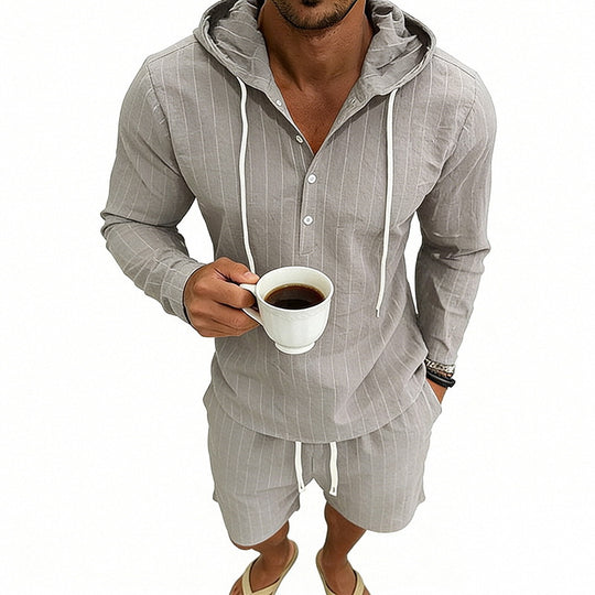 Herren nan gestreiftes Leinenoptik-Kapuzen-Henley-Set mit Tunnelzug-Shorts EB