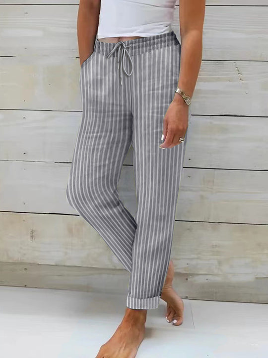 Damen entspannte Baumwoll-Streifenhose mit verstellbarem Bund EB