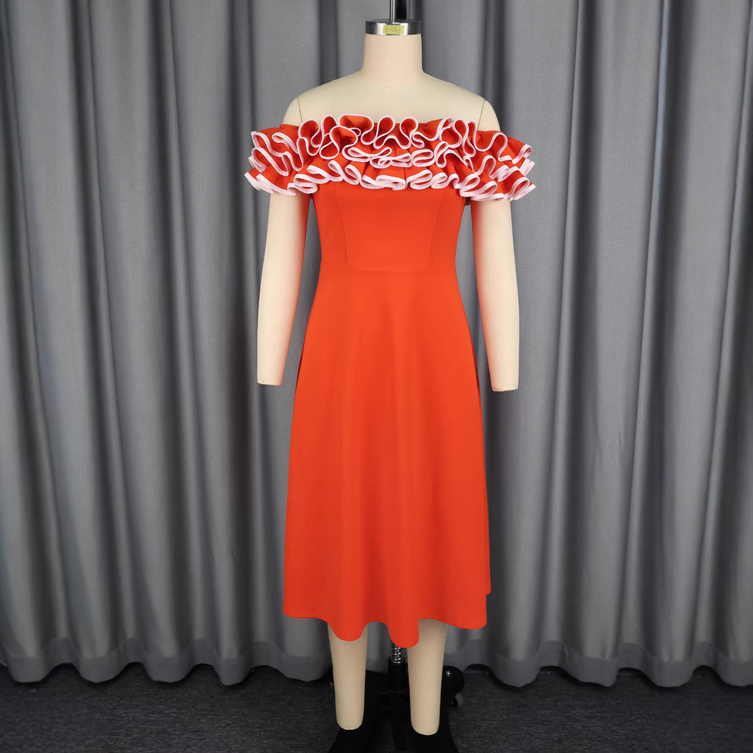 Damen A-Linien Abendkleid mit Off-Shoulder Rüsche EB