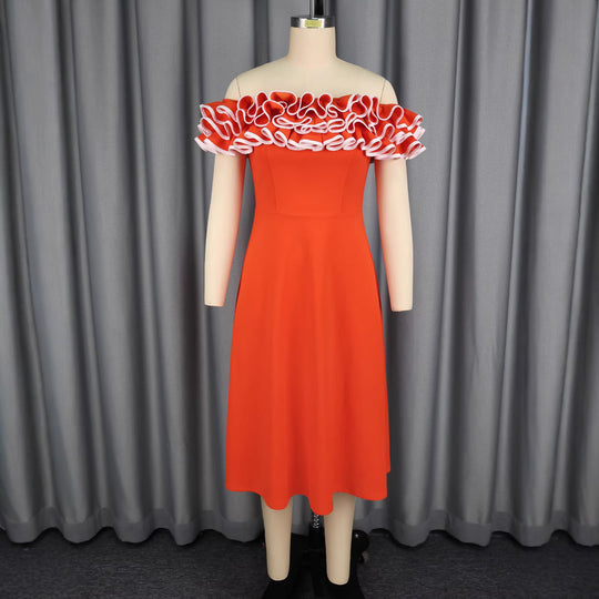 Damen A-Linien Abendkleid mit Off-Shoulder Rüsche EB