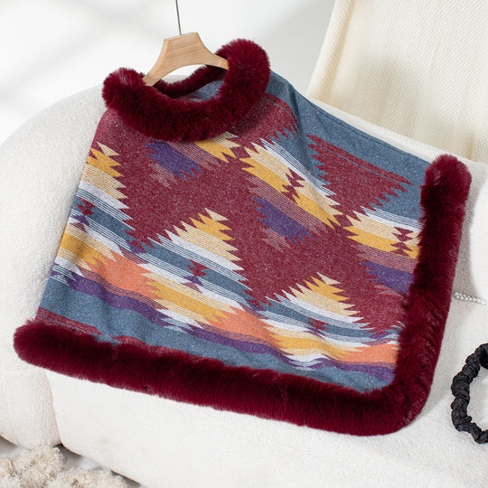 Damen Kuschelpullover mit hochwertigem Kunstfellbesatz und geometrischem Muster EB