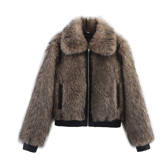 Damen kuschelige Kunstpelzjacke mit modischem Kragen EB