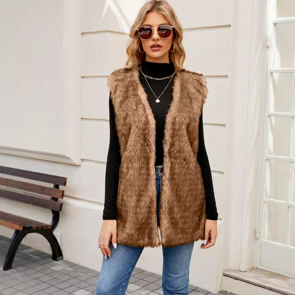 Damen Elegante Kunstpelzweste mit offenem Schnitt EB