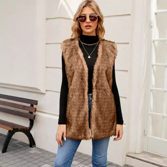 Damen Elegante Kunstpelzweste mit offenem Schnitt EB