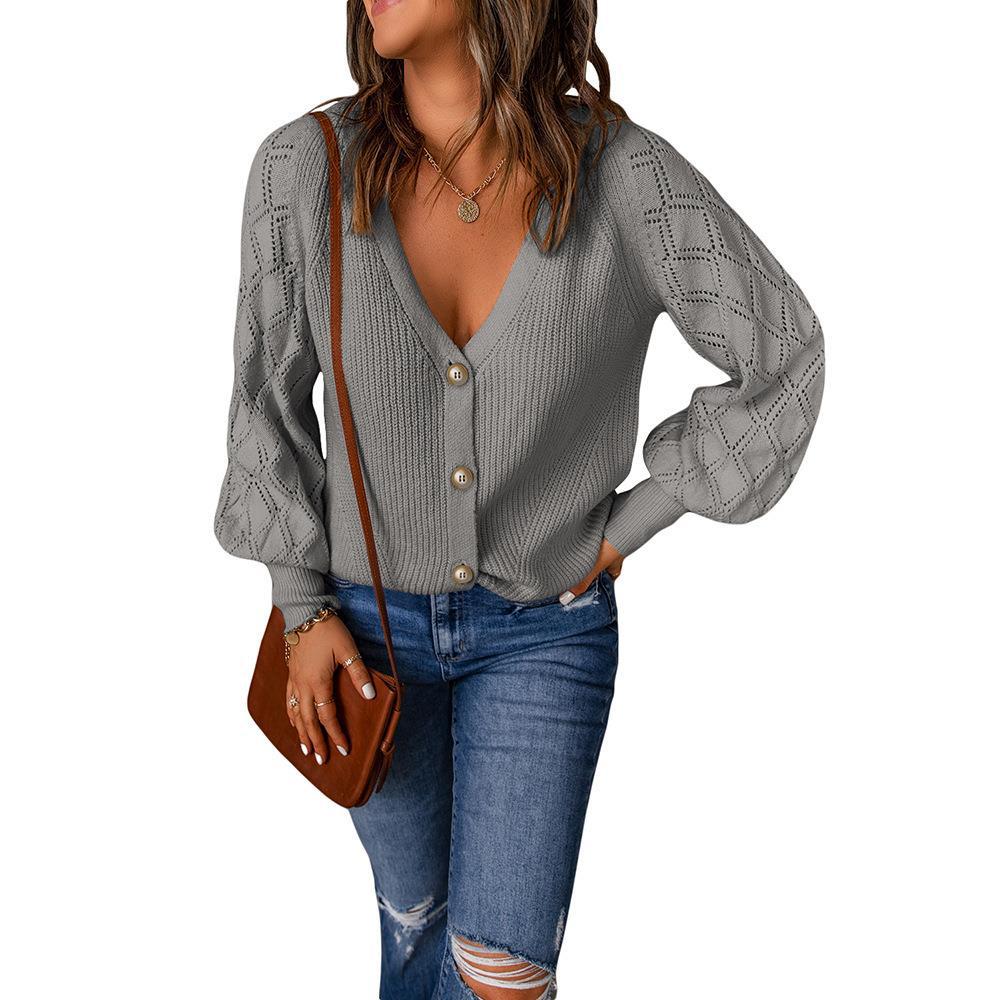 Damen Strickjacke mit V-Ausschnitt und modischen Puffärmeln EB