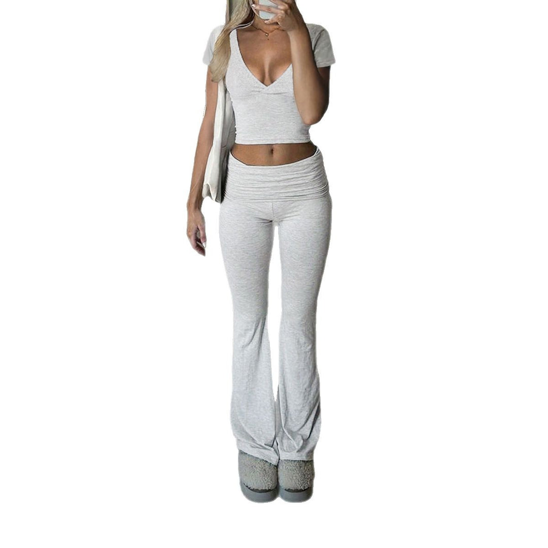 Damen Lässiges Zweiteiliges Lounge-Set mit cropped Oberteil und Bootcut-Hosen EB