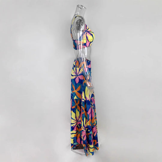 Damen Maxikleid mit floralem Design und verziertem V-Ausschnitt EB