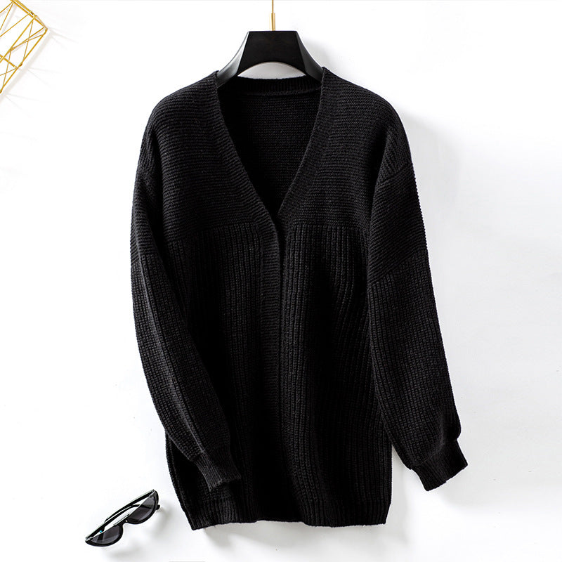 Damen lockere Strickjacke mit V-Ausschnitt und Strukturmuster EB