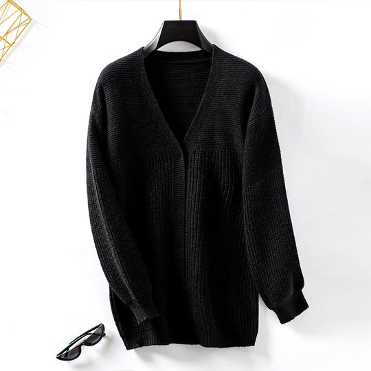 Damen lockere Strickjacke mit V-Ausschnitt und Strukturmuster EB