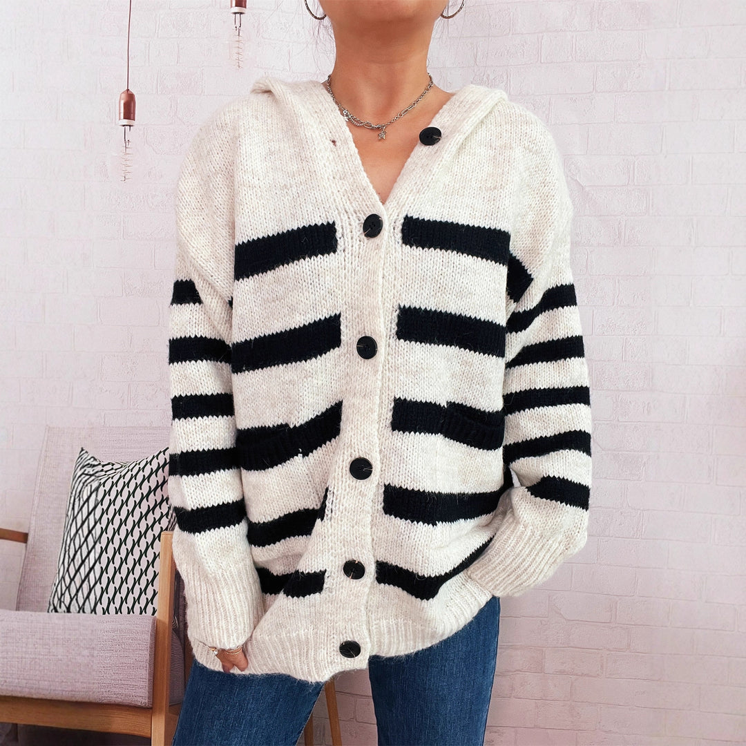 Damen oversized Strickjacke mit kontrastierenden Streifen und Kapuze EB